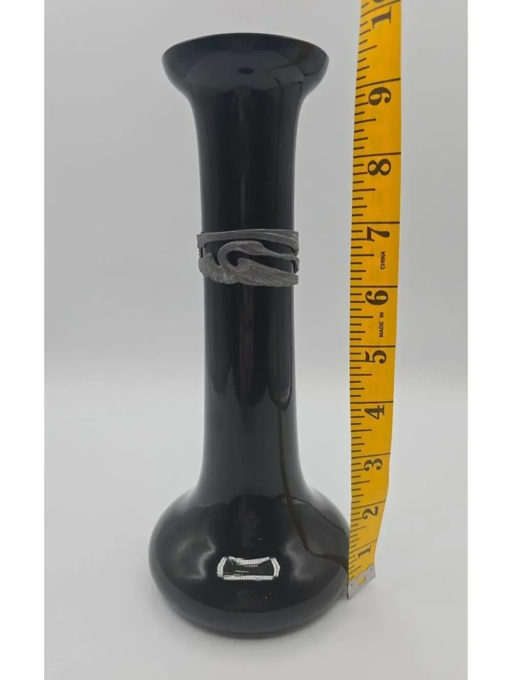 Vintage WMF Black Hyalith Glass Vase Pewter Swan Mount Germany Art Deco